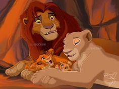 the lion king and his cubs are laying down