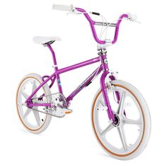 a purple and white bike with orange rims