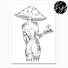 a black and white drawing of a woman with a mushroom on her head