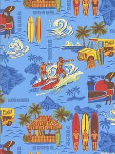 a blue fabric with surfers and cars on it