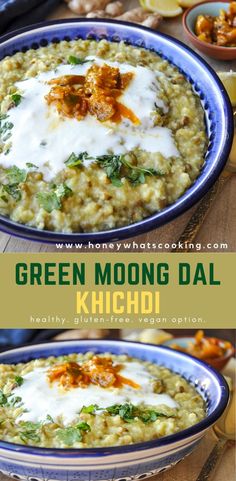 green moong dali with yogurt and spinach in a blue bowl