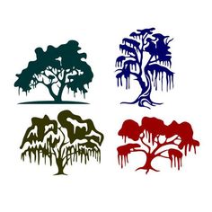 four different trees are shown in the shape of an image with dripping paint on them