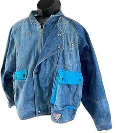 Totally 80s GUESS Marty McFly Denim Jacket 2 Tone Turquoise Georges Marciano-L  | eBay Retro Blue Denim Jacket For Spring, Spring Retro Blue Denim Jacket, 90s Blue Winter Denim Jacket, Vintage Blue Denim Jacket For Spring, 90s Blue Denim Jacket For Winter, Blue 90s Denim Jacket For Winter, Totally 80s, Marty Mcfly, Vintage Clothing Men