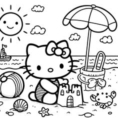 hello kitty playing in the sand at the beach with her toys coloring page for kids