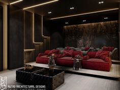 a living room with red couches and black walls