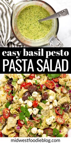 easy basil pesto pasta salad with tomatoes, olives and mozzarella sauce