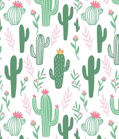 green cactuses and pink flowers on a white background seamless wallpaper pattern with pastel colors