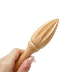 a person holding a wooden spoon in their right hand and the other hand is pointing at it