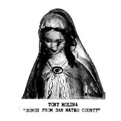 a black and white photo of a statue of a virgin mary with the words'songs from san mateo county '