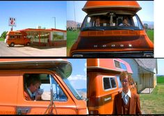 three pictures of people in an orange bus