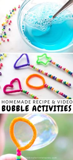 homemade recipe and video bubble activities for kids to do with water, beads, and toothpicks