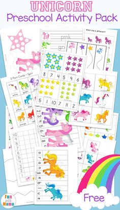 the unicorn preschool activity pack is full of printable numbers and pictures to practice counting