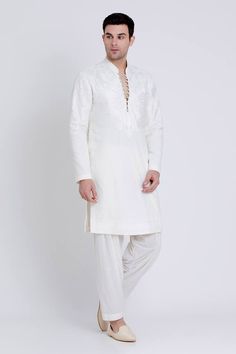 Ivory embroidered linen kurta featuring geometric pattern silk resham detailing. Paired with draped pant. - Aza Fashions Festive White Linen Sets, White Silk Kurta With Embroidered Border, Traditional White Linen Sets, White Linen Festive Sets, White Linen Straight Kurta Set, White Linen Eid Sets, Elegant White Linen Kurta, White Linen Fitted Kurta, White Fitted Linen Kurta