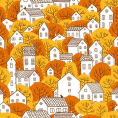 a lot of houses and trees with orange leaves on the ground seamless pattern background