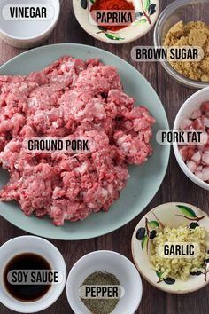 the ingredients for ground beef are shown in bowls