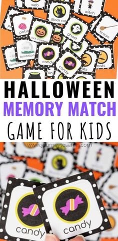 halloween memory match game for kids with the title overlay that reads, halloween memory match game for kids