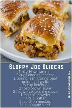 sloppy joe sliders recipe on a white plate with instructions for how to make them