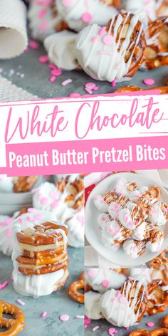 white chocolate peanut butter pretzel bites with pink and white sprinkles