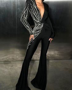 Long Sleeves Embellished Jumpsuit Black Crystal Jumpsuit, Blazer Jumpsuit, Rhinestone Jumpsuit, Black Sequin Jumpsuit, Blazer Design, Embellished Blazer, Embellished Jumpsuit, Long Sleeve Bandage Dress, Sequin Rompers