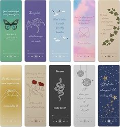 twelve bookmarks with different designs and words on the front, one has a butterfly