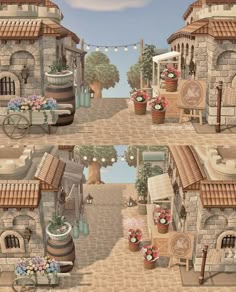 two pictures of an old town with flowers in pots and barrels on the street,