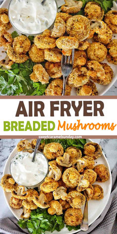 Breaded mushrooms on white plate with small bowl of sauce and fork. Crumbed Mushrooms, Fried Mushroom Recipes, Mushroom Appetizers, Mushroom Recipes Pasta, Spinach Artichoke Dip Recipe, Appetizers Easy Finger Food, Easy Homemade Recipes