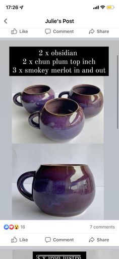 three purple coffee mugs sitting on top of each other