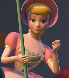 an animated woman in a pink dress and hat holding a pole with her right hand