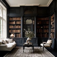 a living room filled with furniture and bookshelves