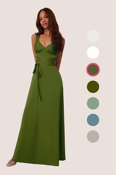 This floor length dress features v-necklines, wrap around belt, and a drop waist. Evening Accessories, Black Order, Mother Wedding Dress, Floor Length Dress, Azazie Bridesmaid Dresses, Satin Bridesmaid Dresses, Floor Length Dresses, Stretch Satin, Drop Waist