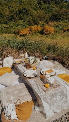 a picnic table set up with plates and napkins on it in the middle of a field