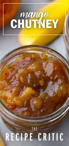 the recipe is made with mango chutney and served in a glass jar next to bananas