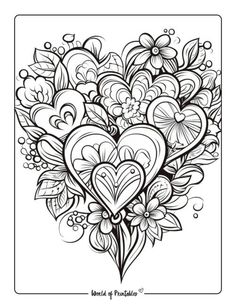 a coloring page with hearts and flowers