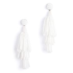 Stunning!!! Web Description: Tapering Tassels With A Bold Gunmetal Finish Make Our Rain Earrings An Obvious Choice For A Night Out, Or Any Time You Feel Like Dressing Up A Casual Saturday Look. Handmade Post Earrings Cotton Glass Seed Beads Glass Bugle Tubes Nickel Free Vegan Leather Backing. Size: Length 3¼" | Width 1¼" ½ Pair Weight: 0.5 Oz Elegant Summer Chandelier Earrings With Tassels, Elegant Summer Tassel Chandelier Earrings, White Fringe Earrings For Summer, White Chandelier Drop Earrings With Latkans, White Tassel Dangle Earrings, White Beaded Tassel Drop Earrings, White Fringe Tassel Earrings For Summer, Tassel Earrings For Wedding, White Tassel Earrings For Summer Party