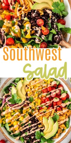 southwest salad with chicken, avocado, tomatoes and lettuce in a white bowl