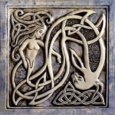 a metal plaque with an image of a woman in the center and celtic designs on it