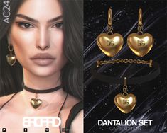 a set of three gold heart necklaces and matching earring with an image of a woman's face