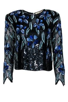 Current Boutique-O.R. Silk - Vintage Black & Blue Floral Sequined Blouse Sz S Spring Night Out Embellished Sequin Fabric, Elegant Floral Print Party Tops, Glamorous Sequin Tops For Cocktail, Glamorous Blue Sequined Tops, Glamorous Spring Evening Sequin Fabric, Formal Sequin Blouse For Spring, Glamorous Embellished Spring Blouse, Glamorous Sequin Fabric For Evening In Spring, Spring Glamorous Embellished Blouse