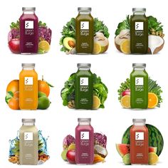 a variety of juices are shown in this image