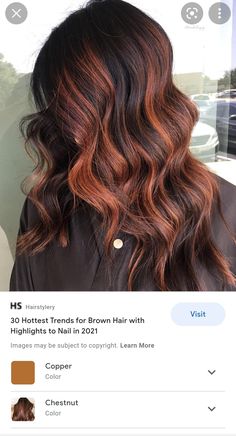 Copper With Black Highlights, Dark Hair Copper Balayage, Dark Pumpkin Spice Hair, Chunky Copper Highlights On Dark Hair, Orange Peekaboo Hair Dark Brown, Copper Money Piece Hair Black, Pumpkin Pie Hair, Natural Red Hair With Black Highlights, Brunette With Orange Highlights