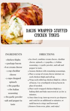 bacon wrapped stuffed chicken thighs recipe on a white plate with text overlay that reads, bacon wrapped stuffed chicken thighs instructions