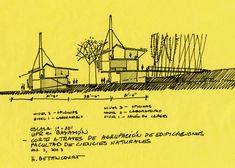 an architectural drawing on yellow paper shows the details of various structures and features in each section