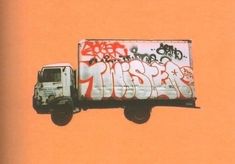 a white truck with graffiti on it's side against an orange background, in the air