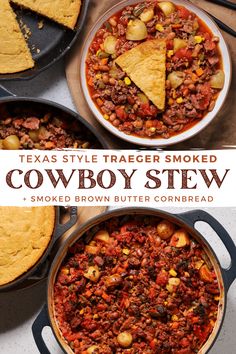 three images showing different types of food in pots and pans with the title texas style trigger smoked cowboy stew