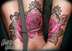 two tattoos with roses on their legs