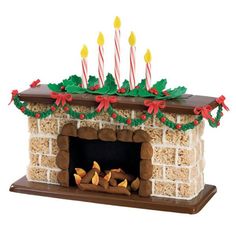 a brick fireplace with candles and decorations on top