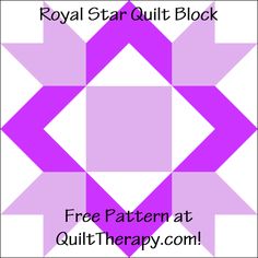 the royal star quilt block is shown in purple and white with text reading free pattern at quilt therapy com