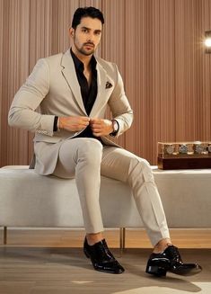 Beige And Black Suit Men, Formal Coat Pant For Man, Beige Coat Outfit Men Formal, Tan Suit Black Shirt, Suit For Men Wedding Classy, Beige Mens Suit Wedding, Suits For Men Wedding Classy, Suits Men Beige, Men Suits Style Wedding Classy