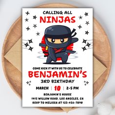 an image of a birthday card with a ninja character in the middle and stars around it