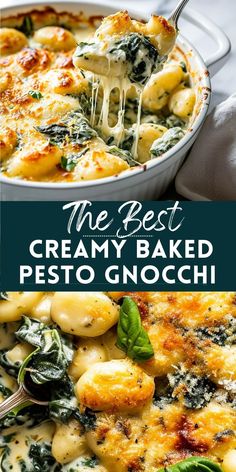 the best creamy baked pesto gnocchini is served in a casserole dish